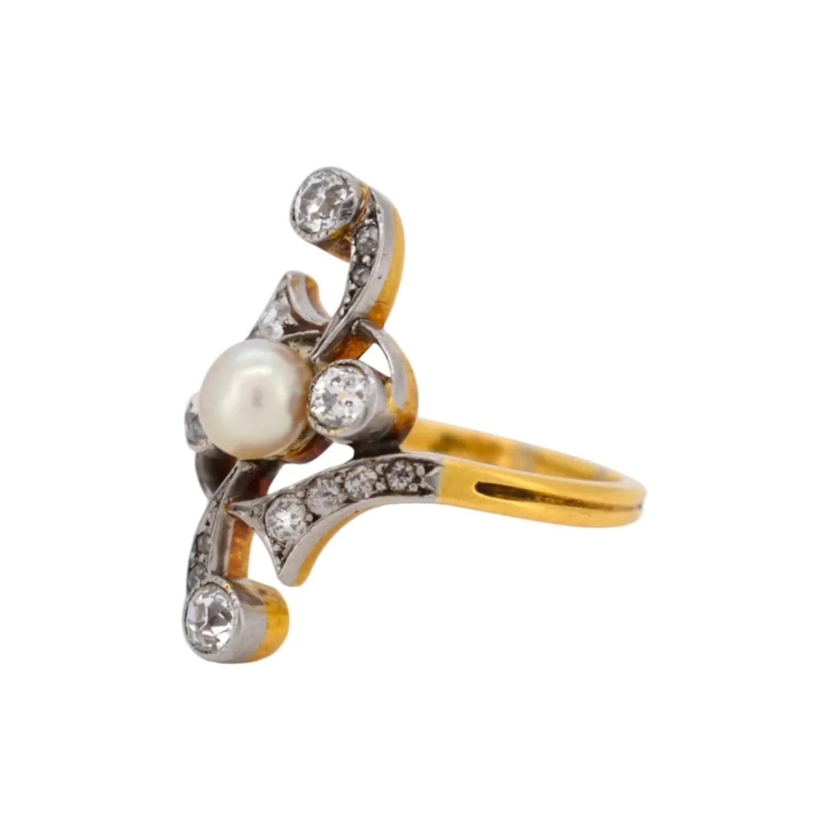 Bague en or jaune, platine, perle et diamants - Image 3