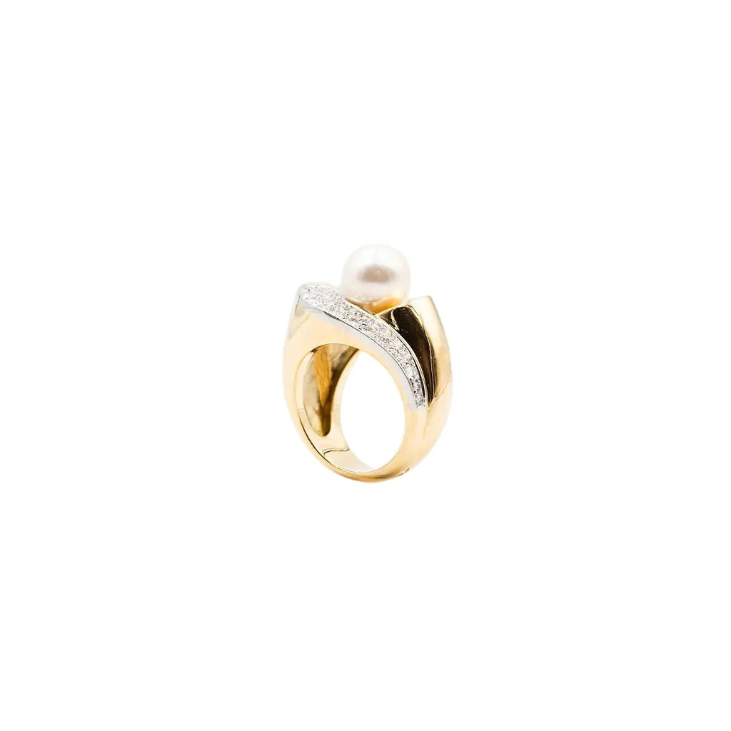 Bague en or jaune, platine, perle et diamants - Image 6