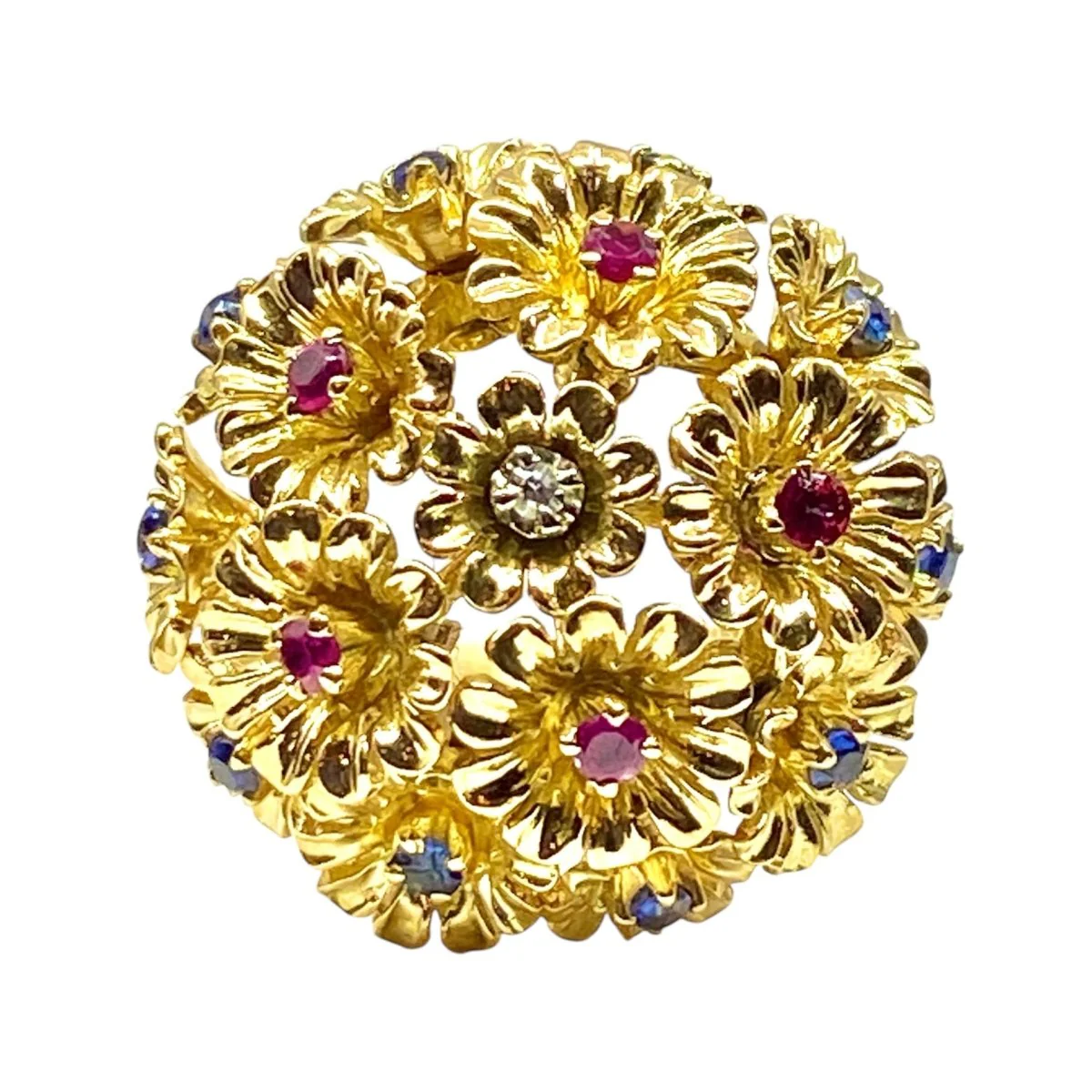 Bague Cocktail en or jaune, saphir, rubis et diamant