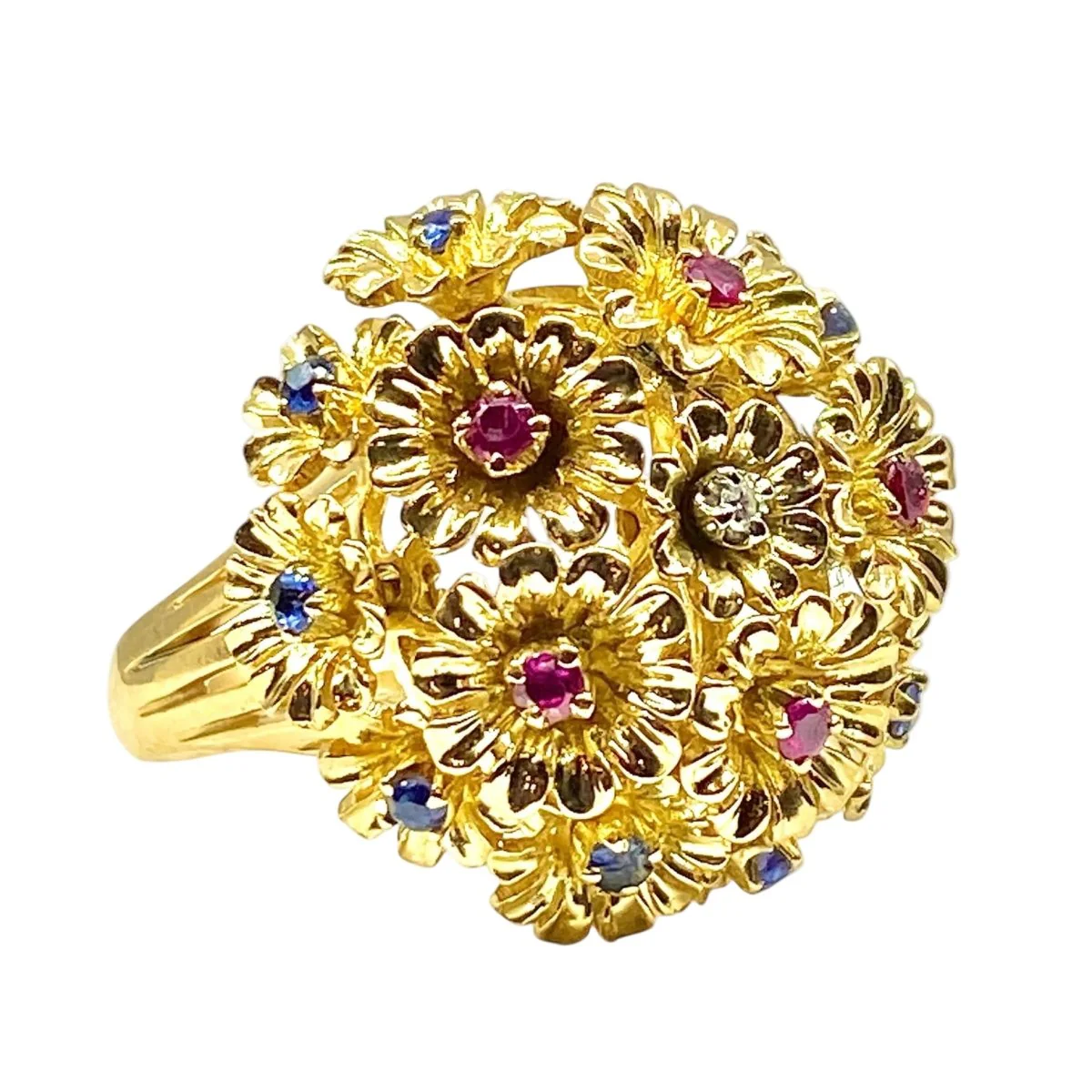 Bague Cocktail en or jaune, saphir, rubis et diamant - Image 4