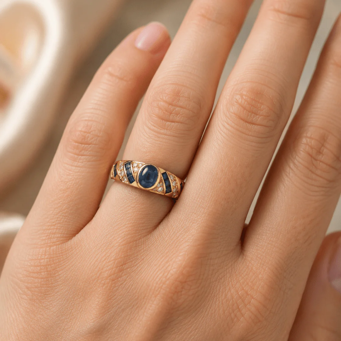 Bague en or jaune, saphirs et diamants - Image 2