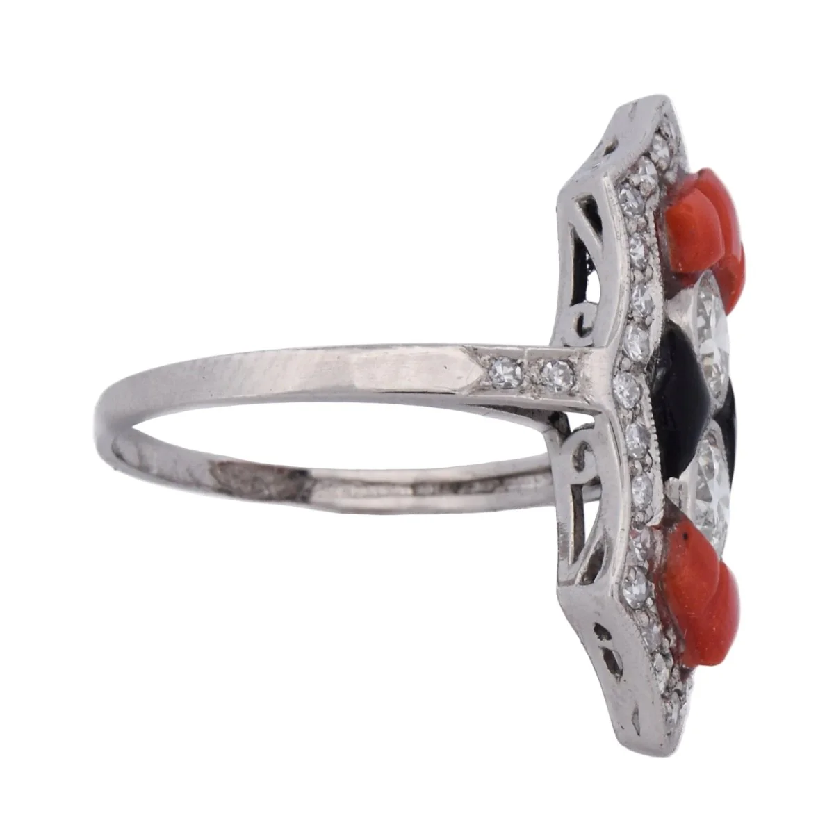 Bague en platine, corail, onyx et diamants - Image 6