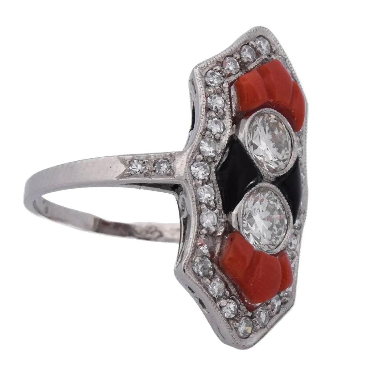 Bague en platine, corail, onyx et diamants - Image 7