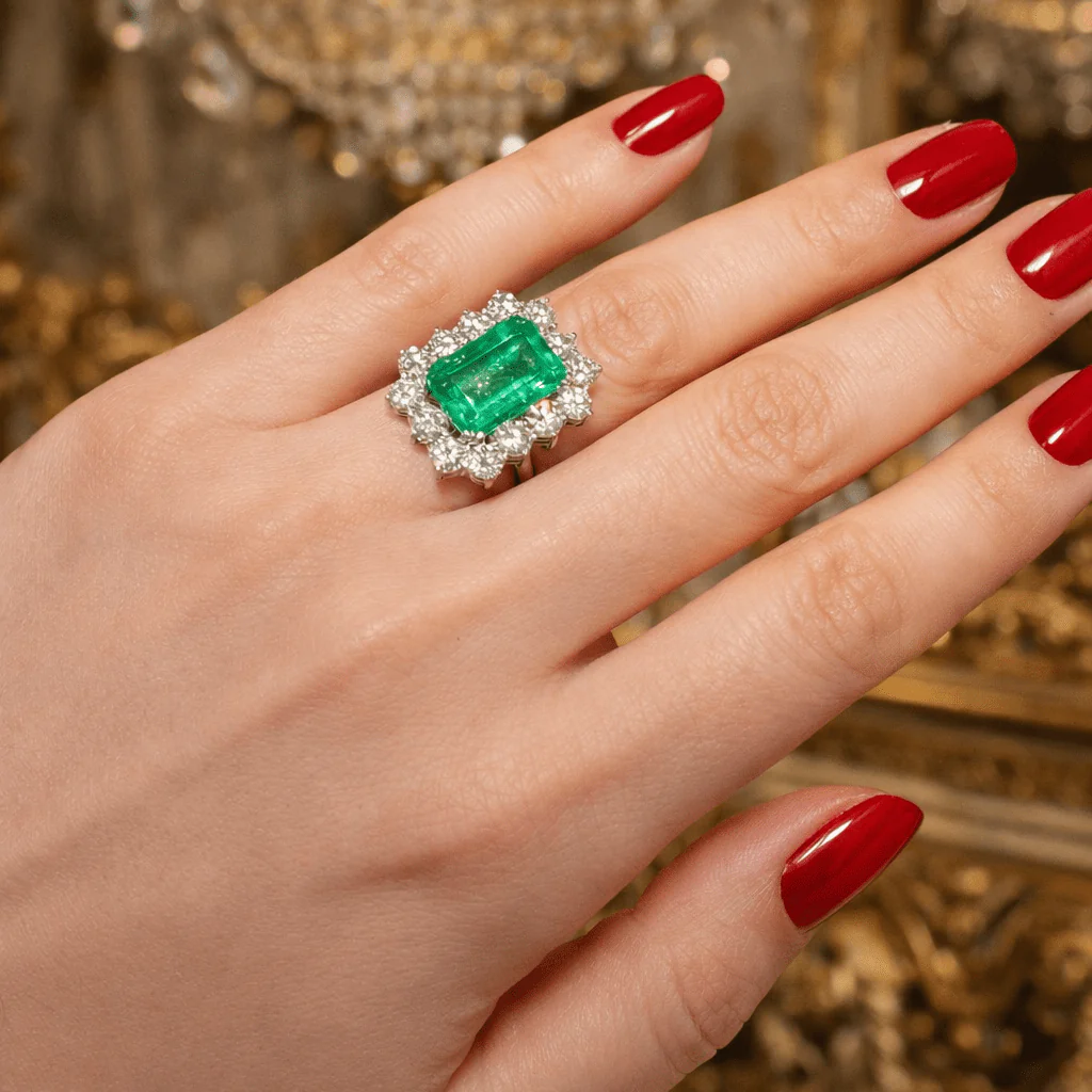 Bague Entourage en or blanc, émeraude et diamants - Image 7