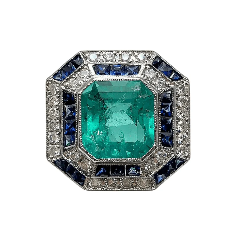 Bague Entourage en or blanc, émeraude, saphir et diamants