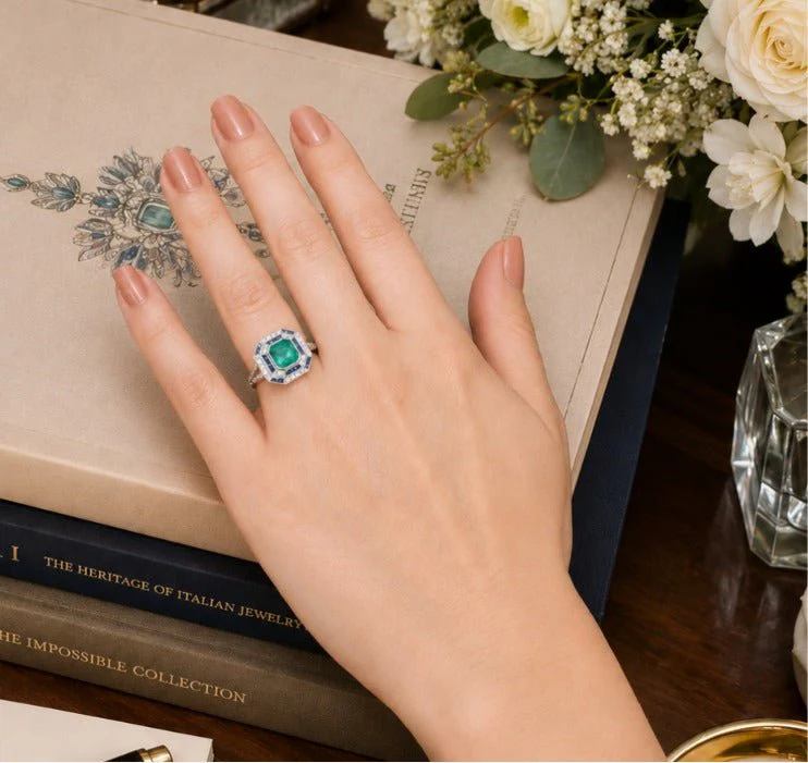 Bague Entourage en or blanc, émeraude, saphir et diamants - Image 2