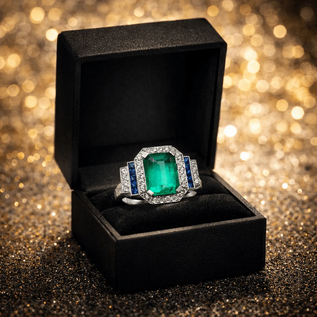 Bague Entourage en or blanc, émeraude, saphirs et diamants - Image 5