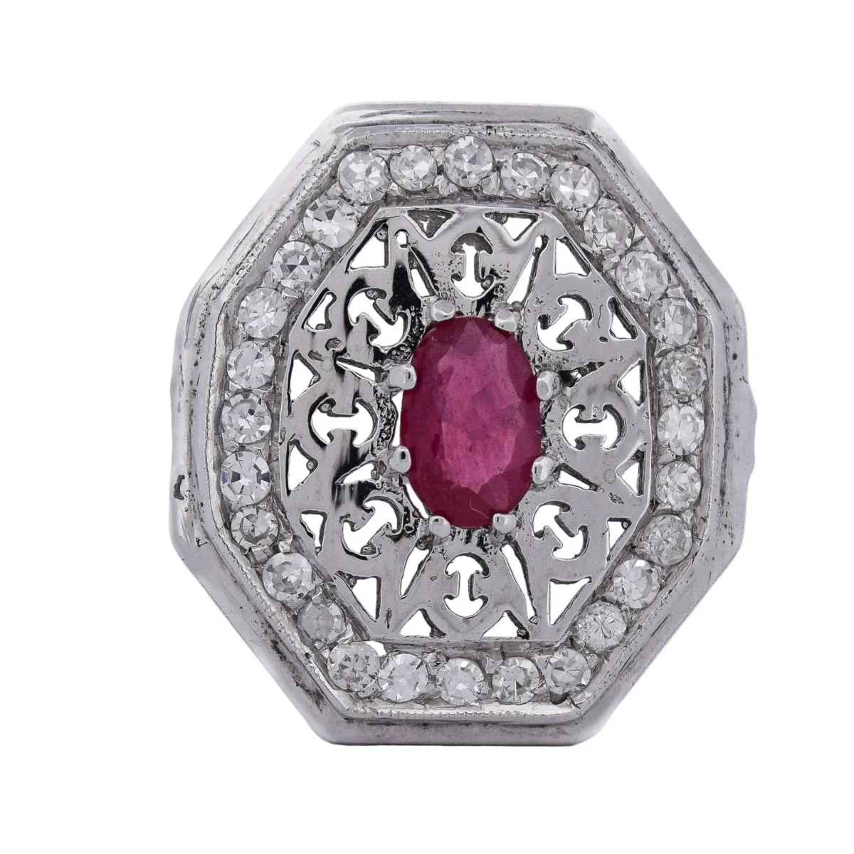 Bague Entourage en or blanc, rubis et diamants