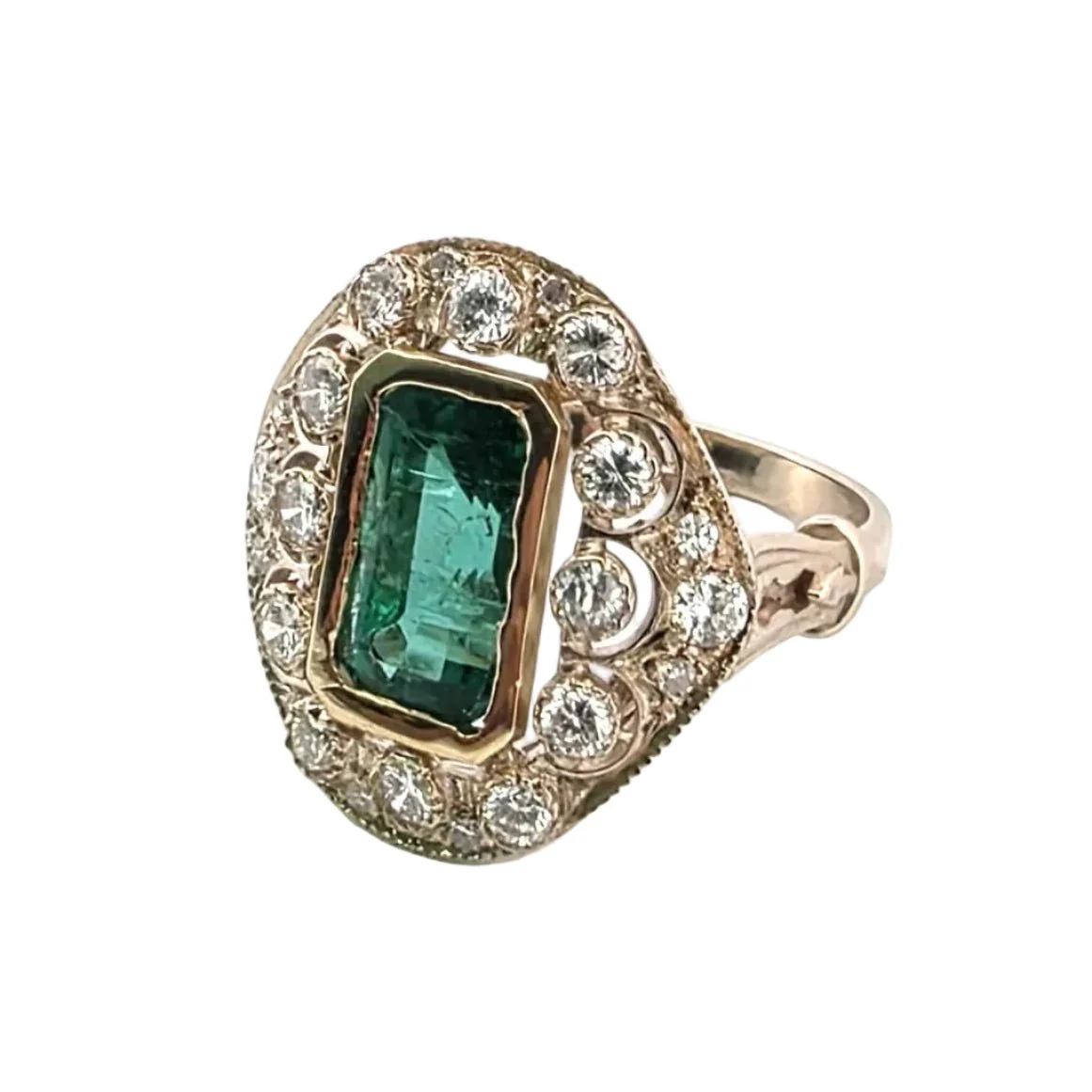 Bague Entourage en or jaune, émeraude et diamants - Image 2