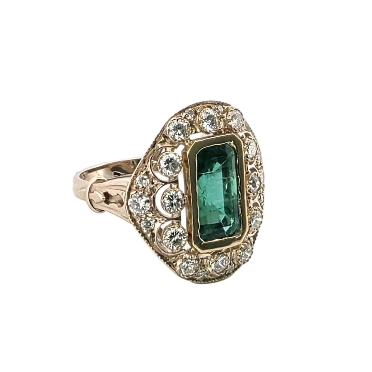 Bague Entourage en or jaune, émeraude et diamants - Image 5
