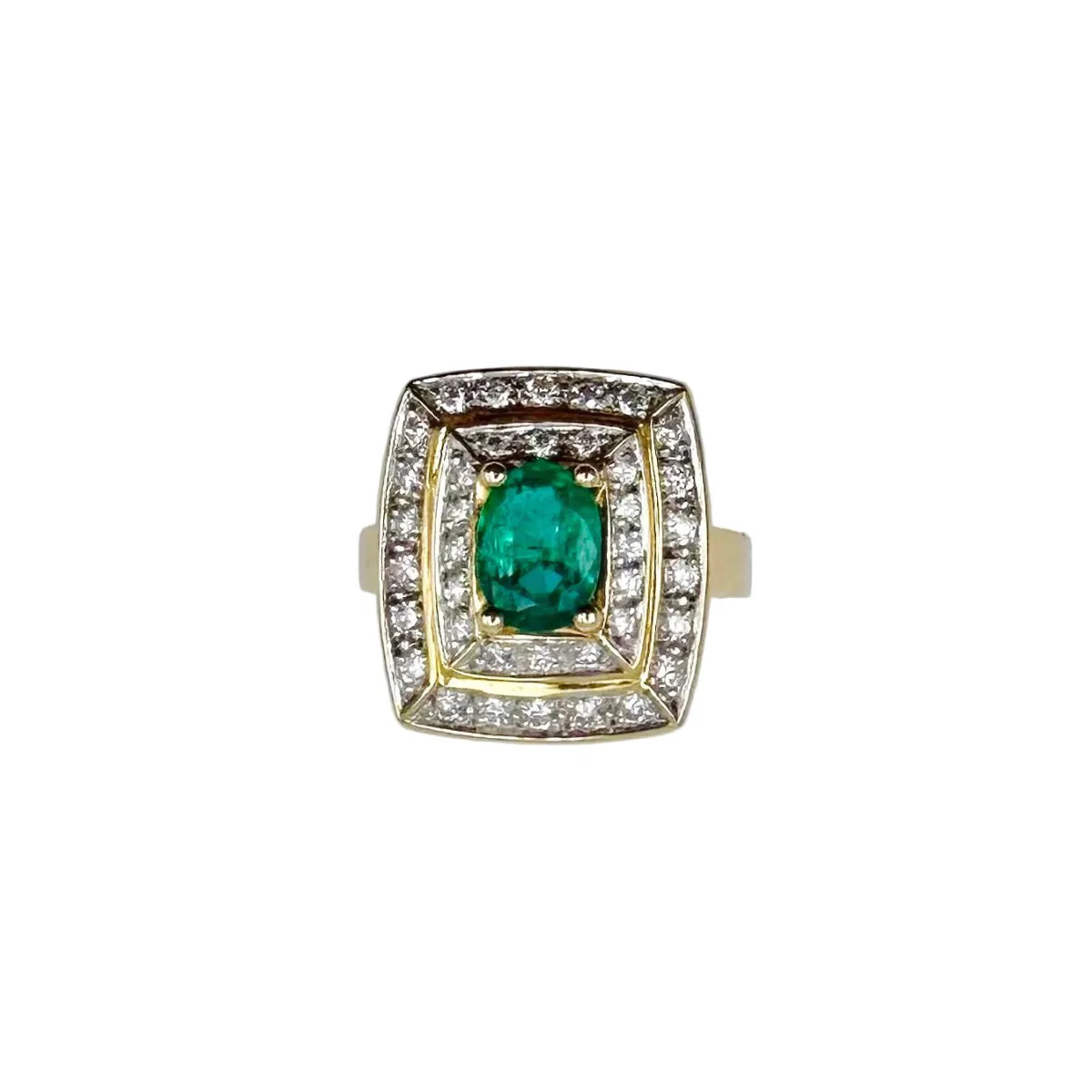 Bague Entourage en or jaune, émeraude et diamants