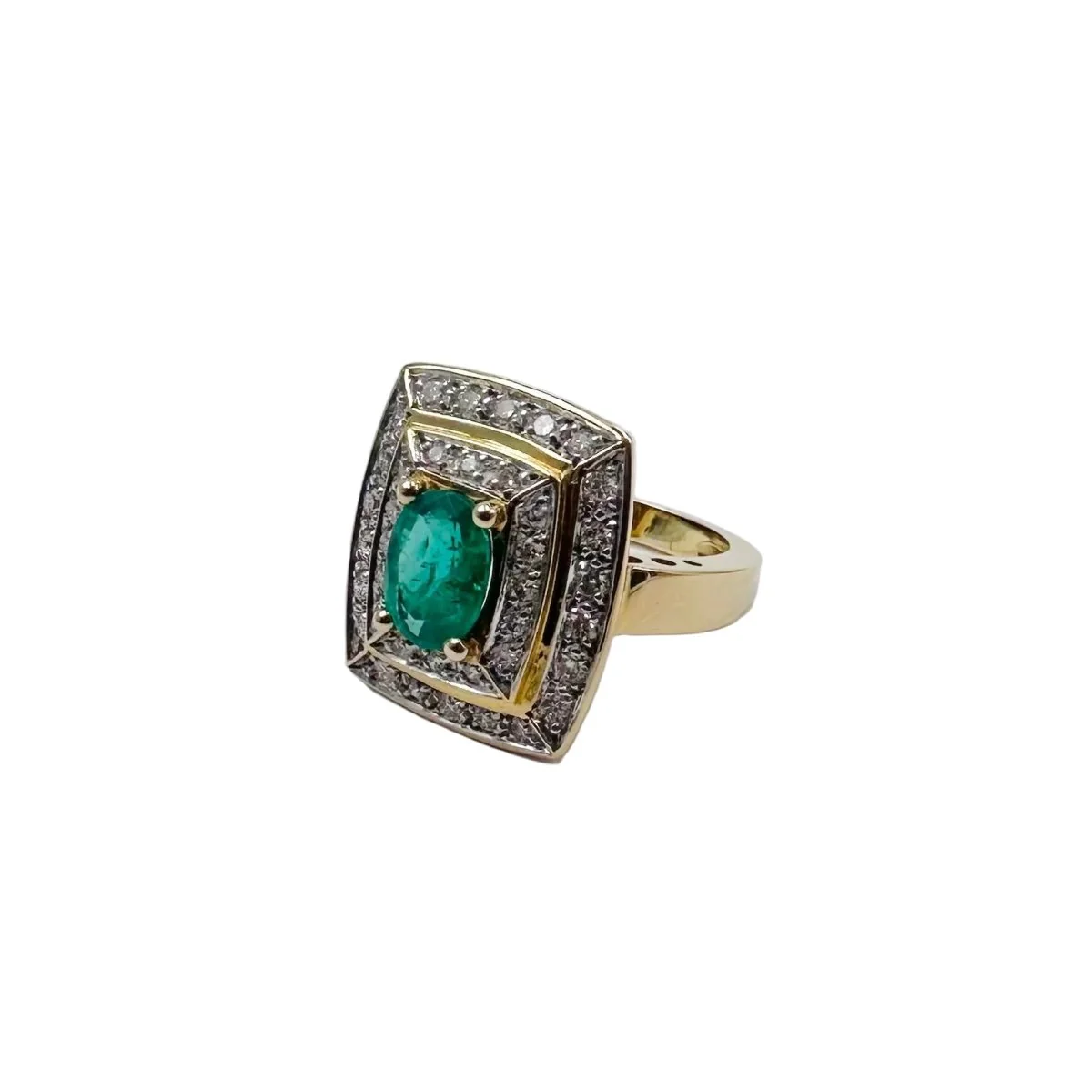 Bague Entourage en or jaune, émeraude et diamants - Image 2