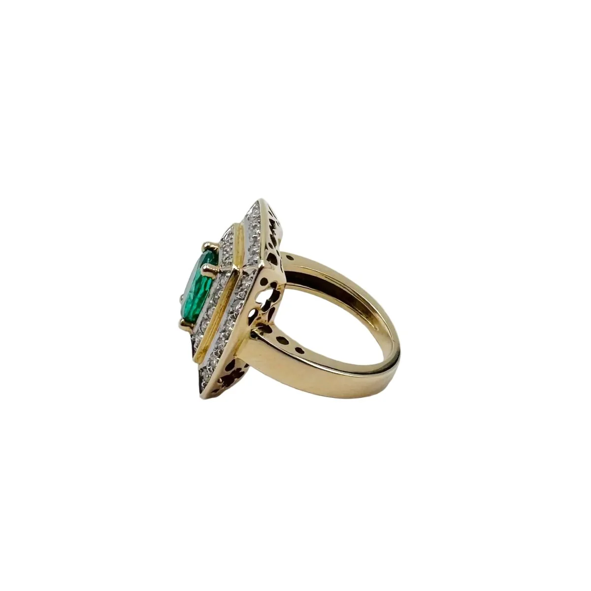 Bague Entourage en or jaune, émeraude et diamants - Image 3