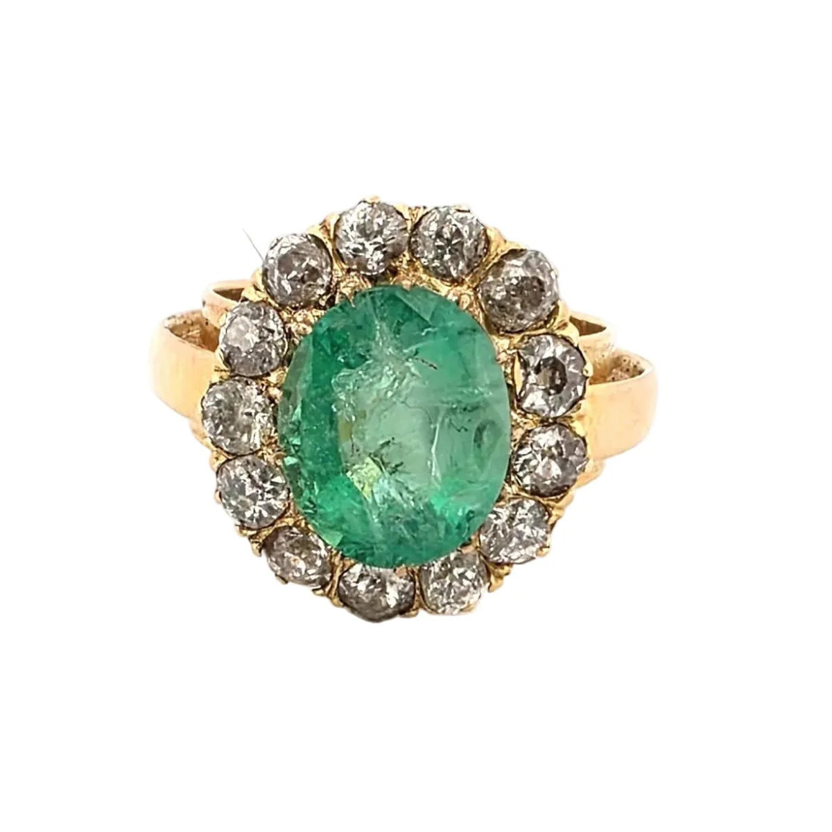 Bague Entourage en or jaune, émeraude et diamants