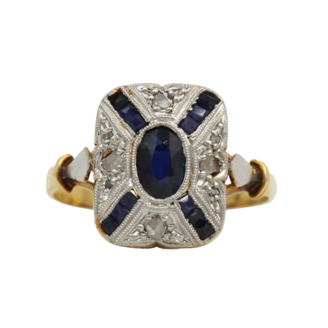 Bague Entourage en or jaune, platine, saphirs et diamants
