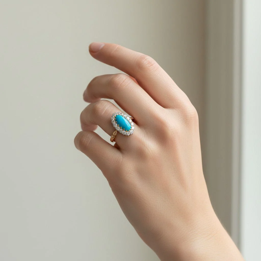 Bague Entourage en or jaune, turquoise et diamants - Image 2