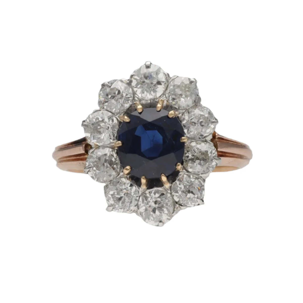 Bague Marguerite en or rose et platine avec saphir et diamants