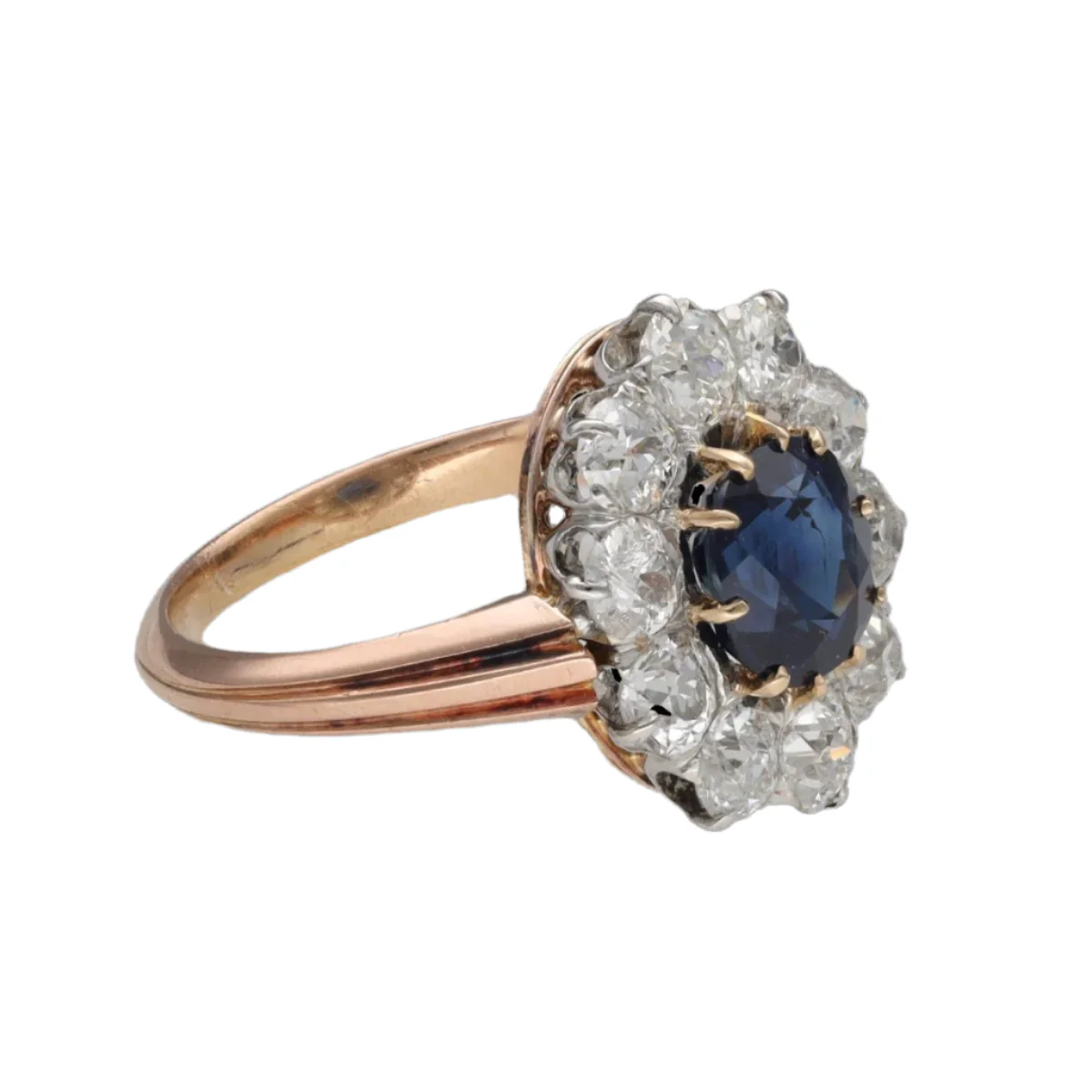 Bague Marguerite en or rose et platine avec saphir et diamants - Image 3