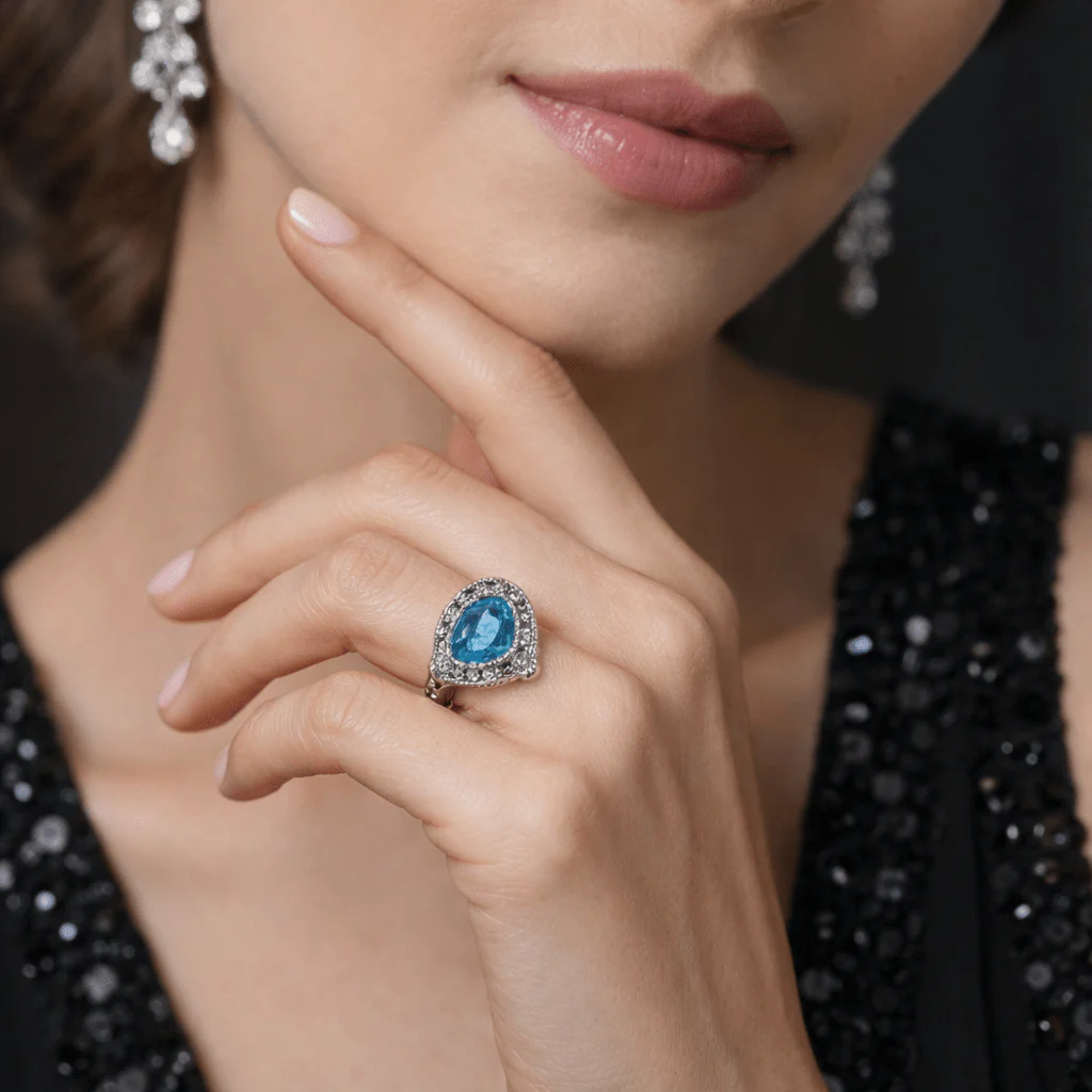 Bague Entourage en platine, aigue-marine et diamants - Image 2