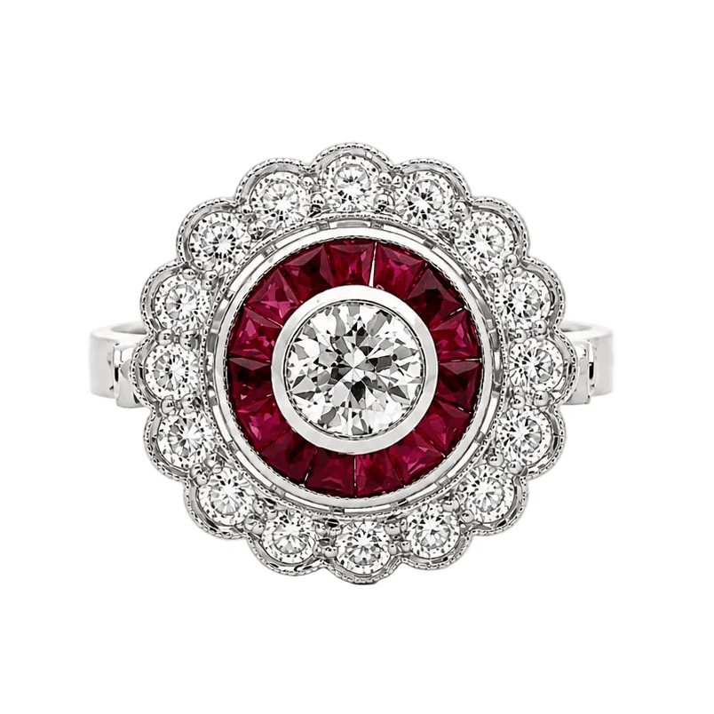 Bague Entourage en platine, rubis et diamants