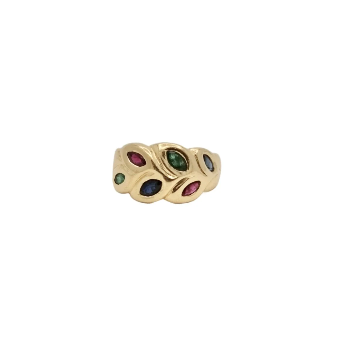 Bague feuillage en or jaune, saphir, rubis et émeraude