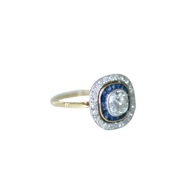 Bague Art Deco halo diamants et saphirs calibrés - Image 3