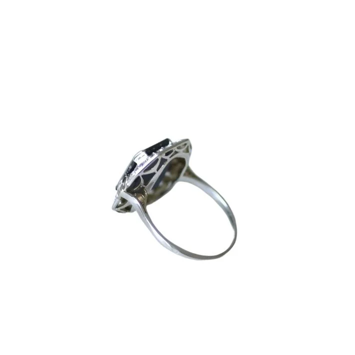 Bague Art Déco hexagonale en or blanc, saphir et diamants - Image 4