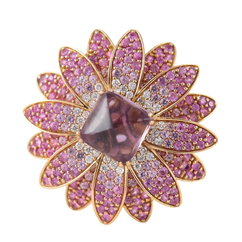 Bague Fleur en or jaune, améthyste, saphirs roses et diamants