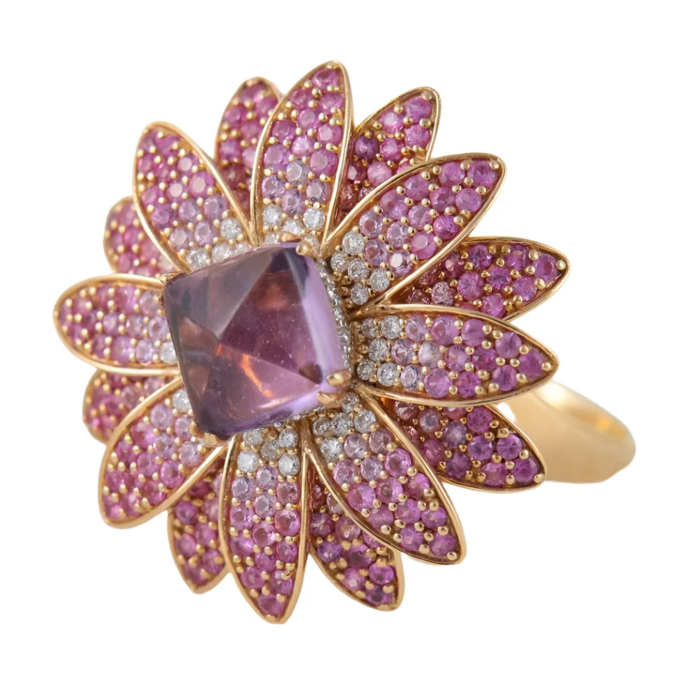 Bague Fleur en or jaune, améthyste, saphirs roses et diamants - Image 6