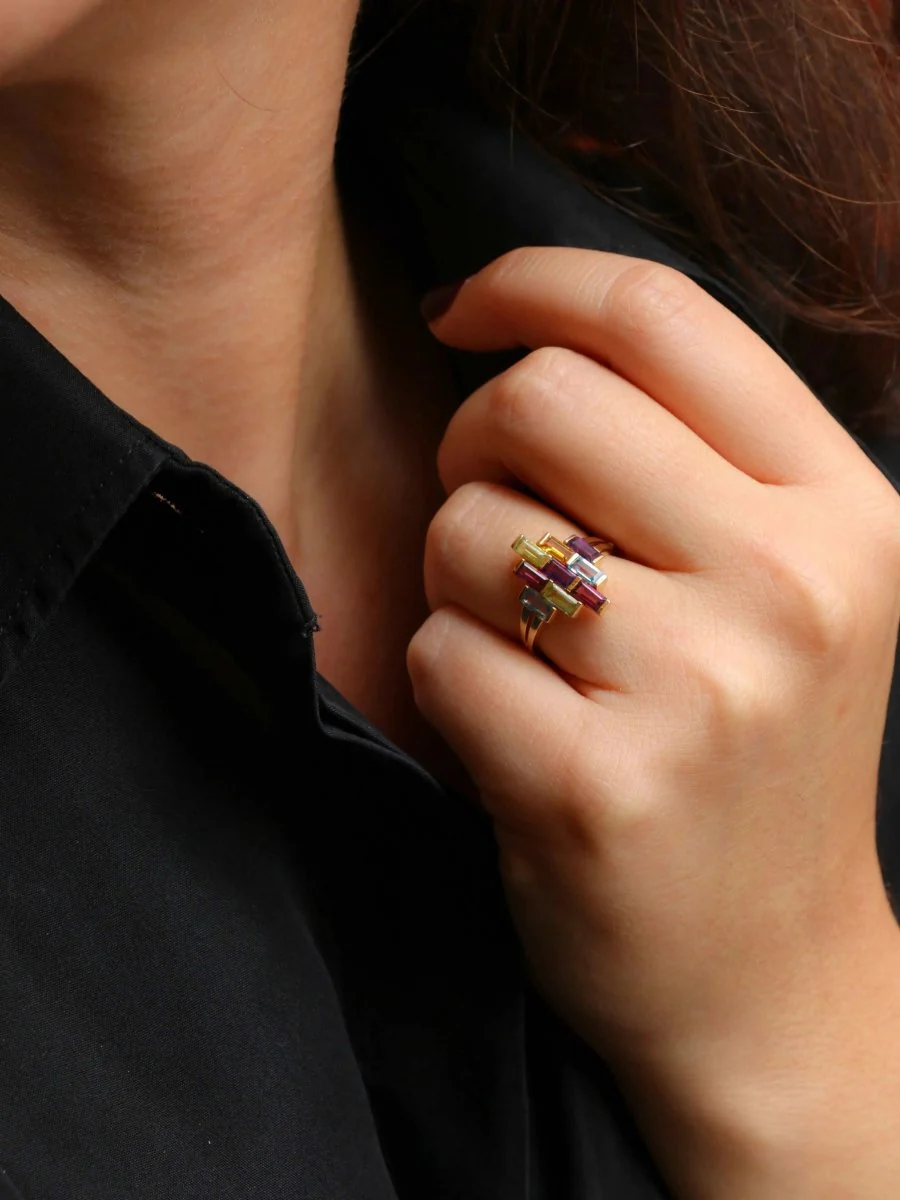Bague géométrique or jaune améthyste topaze péridot citrine grenat - Image 2