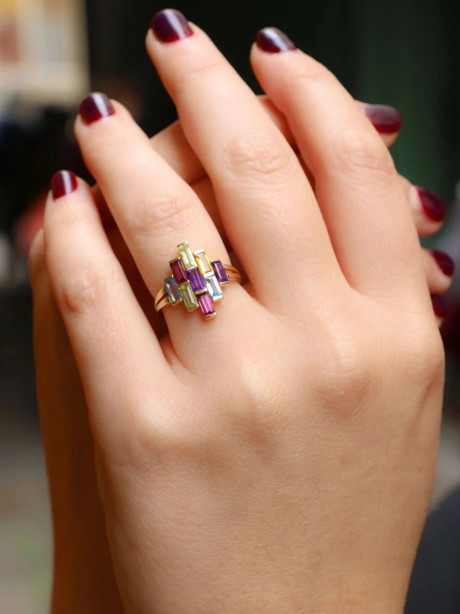 Bague géométrique or jaune améthyste topaze péridot citrine grenat - Image 9