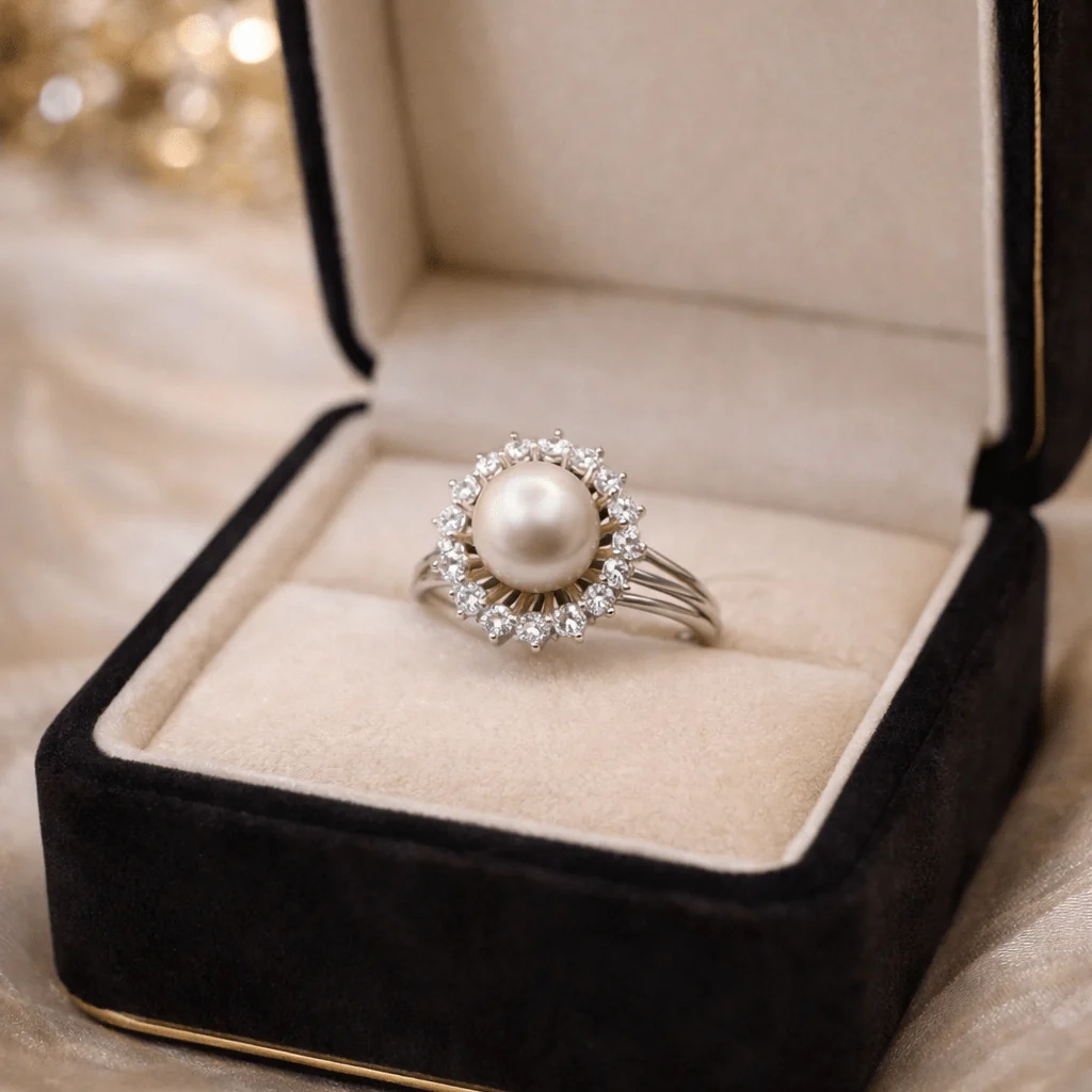 Bague Entourage en on blanc, perle et diamants - Image 11