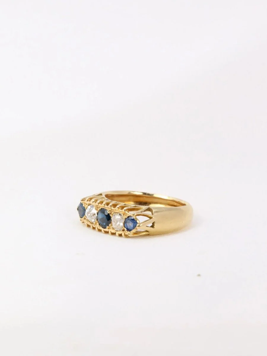 Bague jarretière or jaune saphirs diamants taille ancienne - Image 3