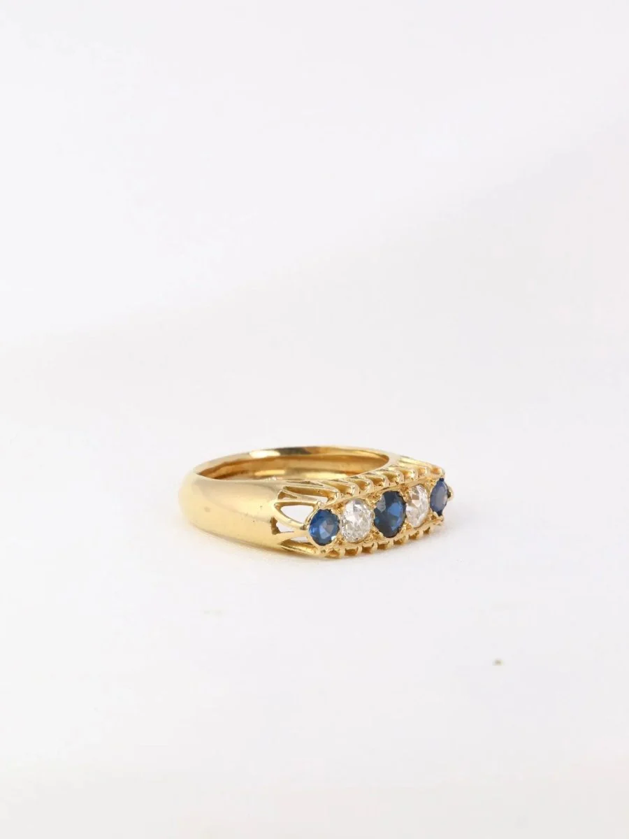 Bague jarretière or jaune saphirs diamants taille ancienne - Image 8