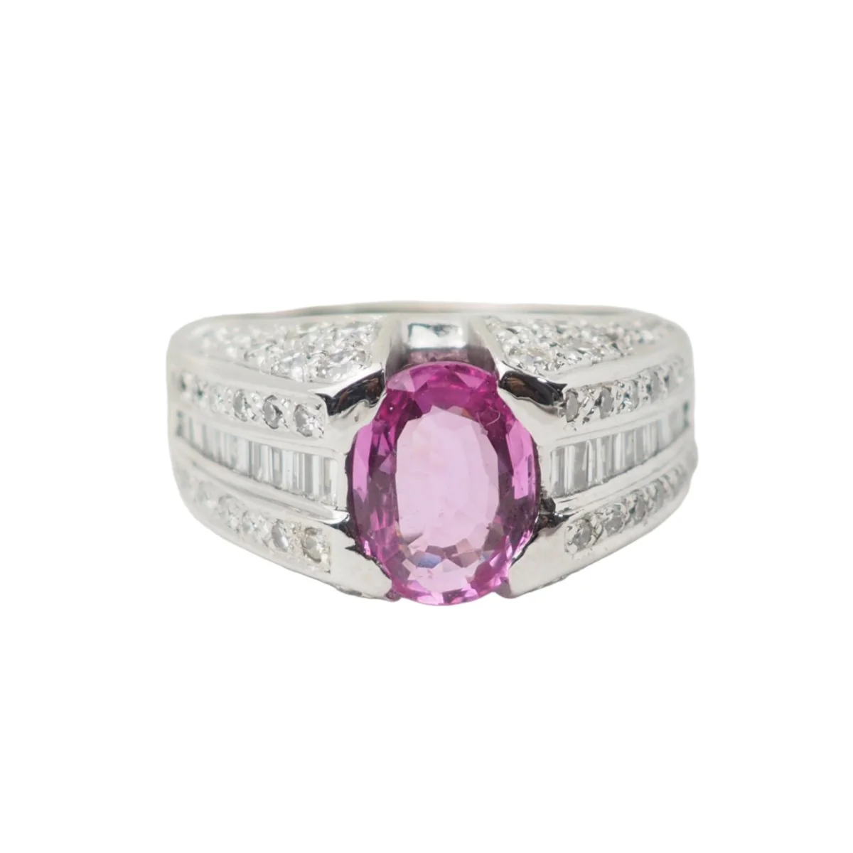 Bague jonc en or blanc, saphir rose et diamants
