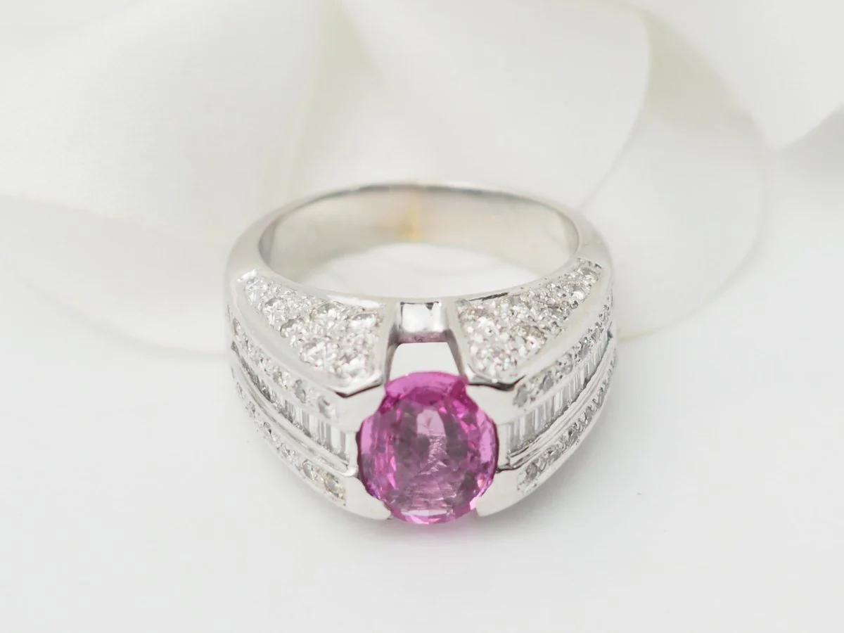 Bague jonc en or blanc, saphir rose et diamants - Image 4