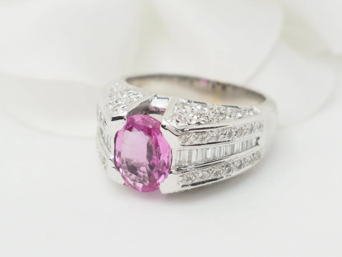Bague jonc en or blanc, saphir rose et diamants - Image 5