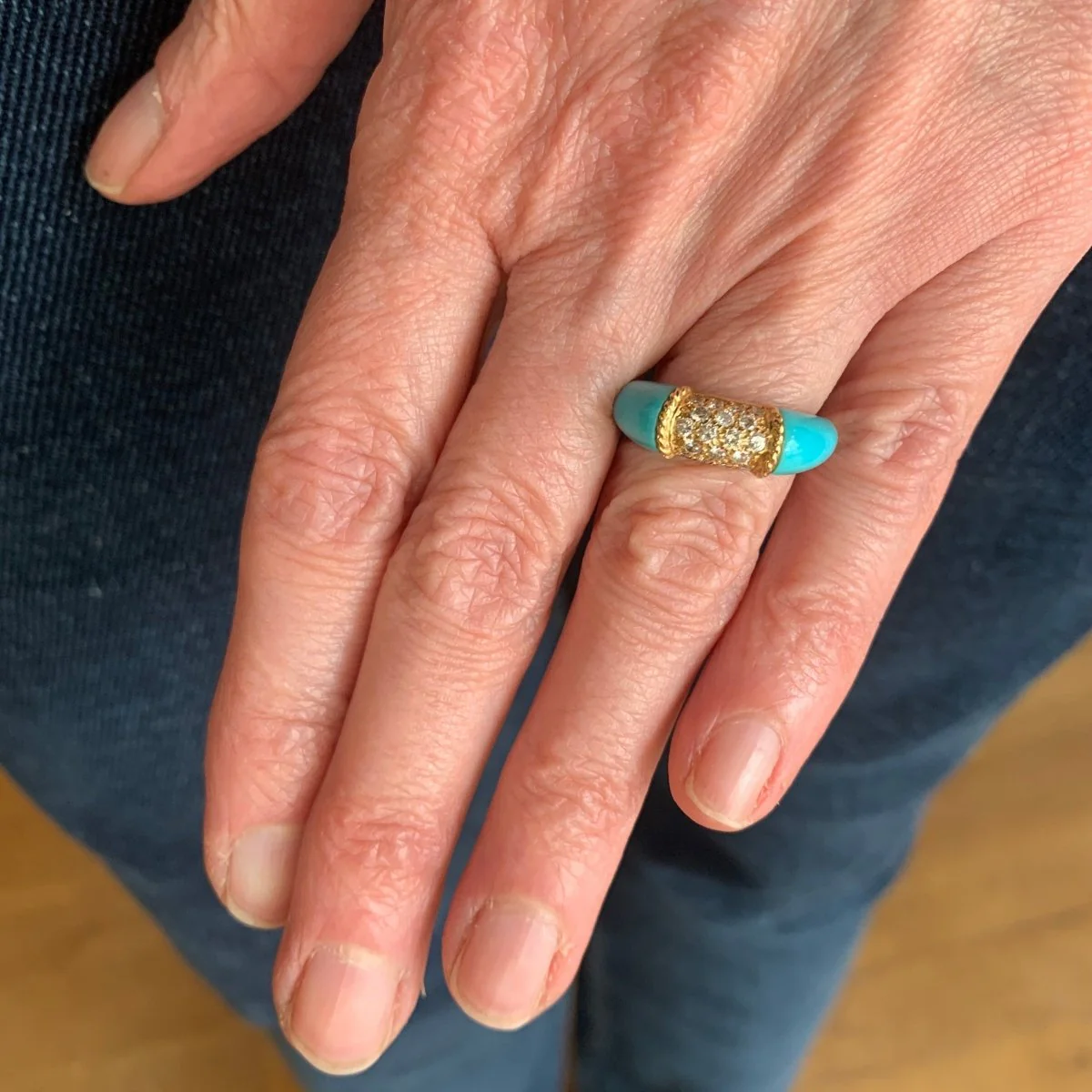 Bague Jonc en or jaune, turquoise et diamants - Image 6