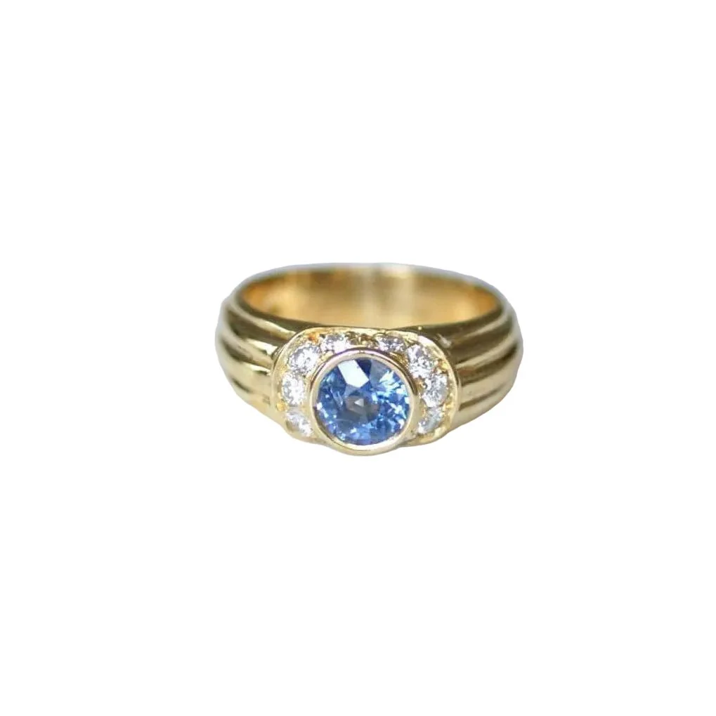Bague jonc en or jaune, saphir, et diamants