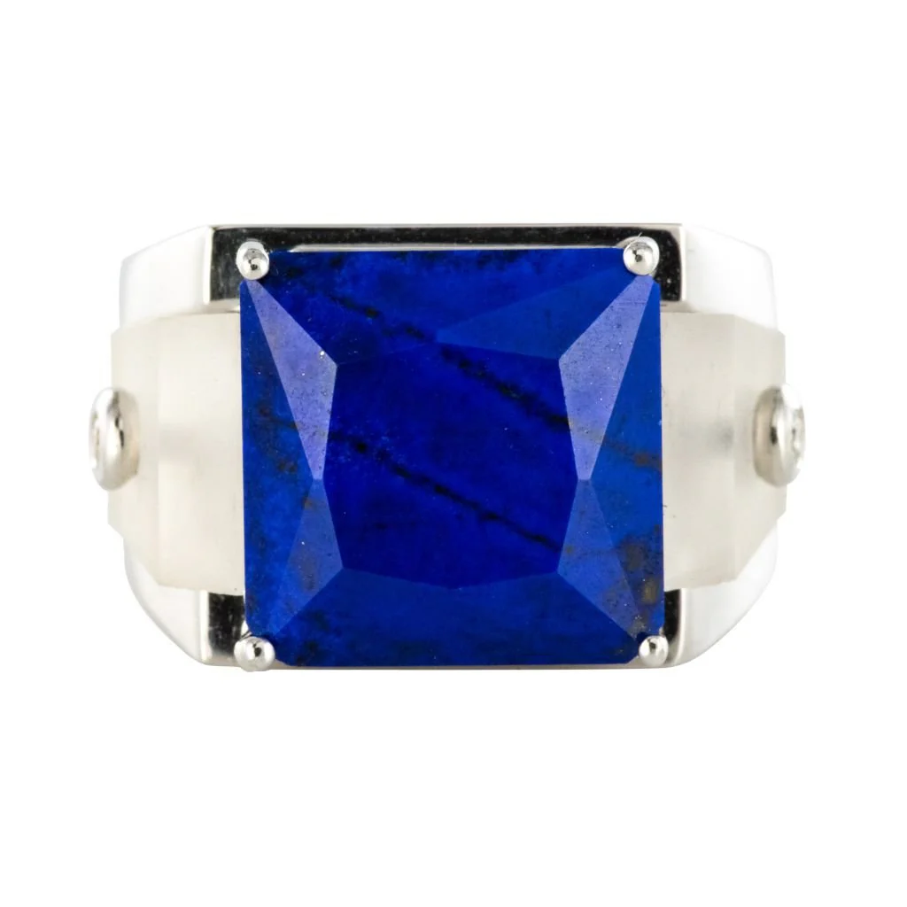 Bague Chevalière en or blanc, cristal de roche, lapis-lazuli et diamants