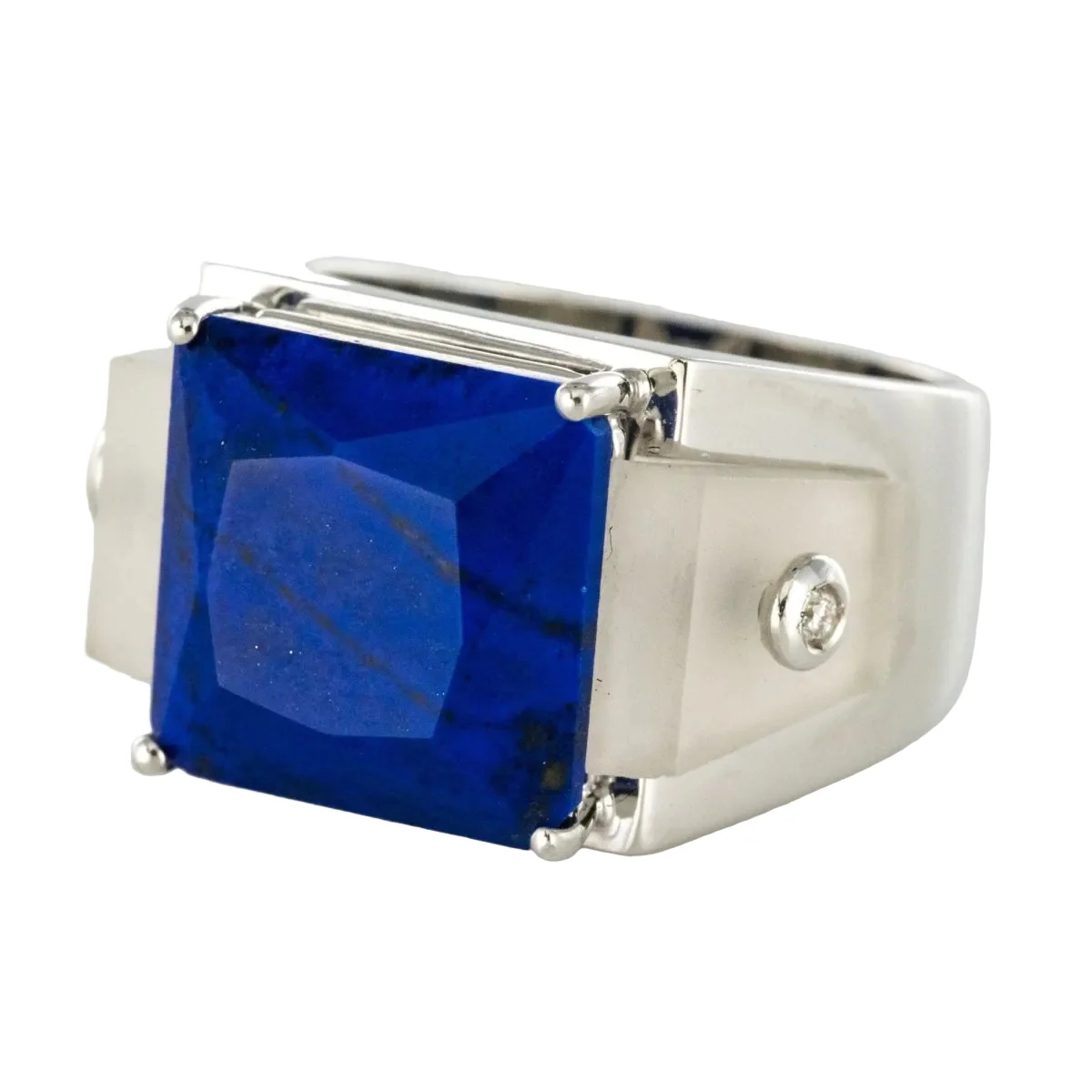 Bague Chevalière en or blanc, cristal de roche, lapis-lazuli et diamants - Image 3