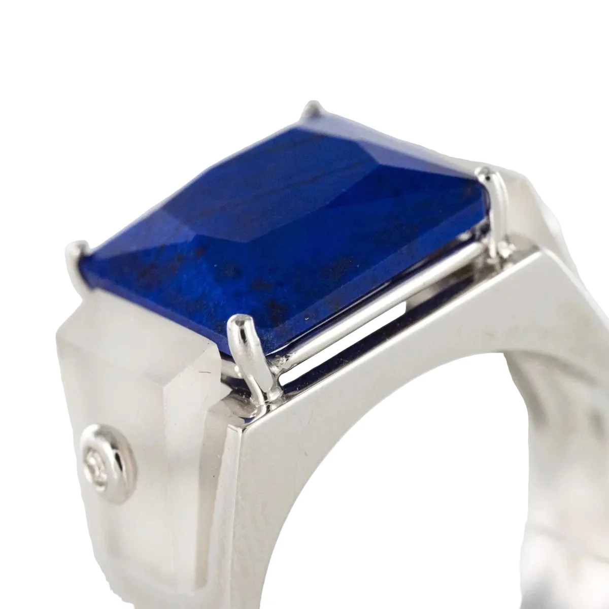 Bague Chevalière en or blanc, cristal de roche, lapis-lazuli et diamants - Image 5