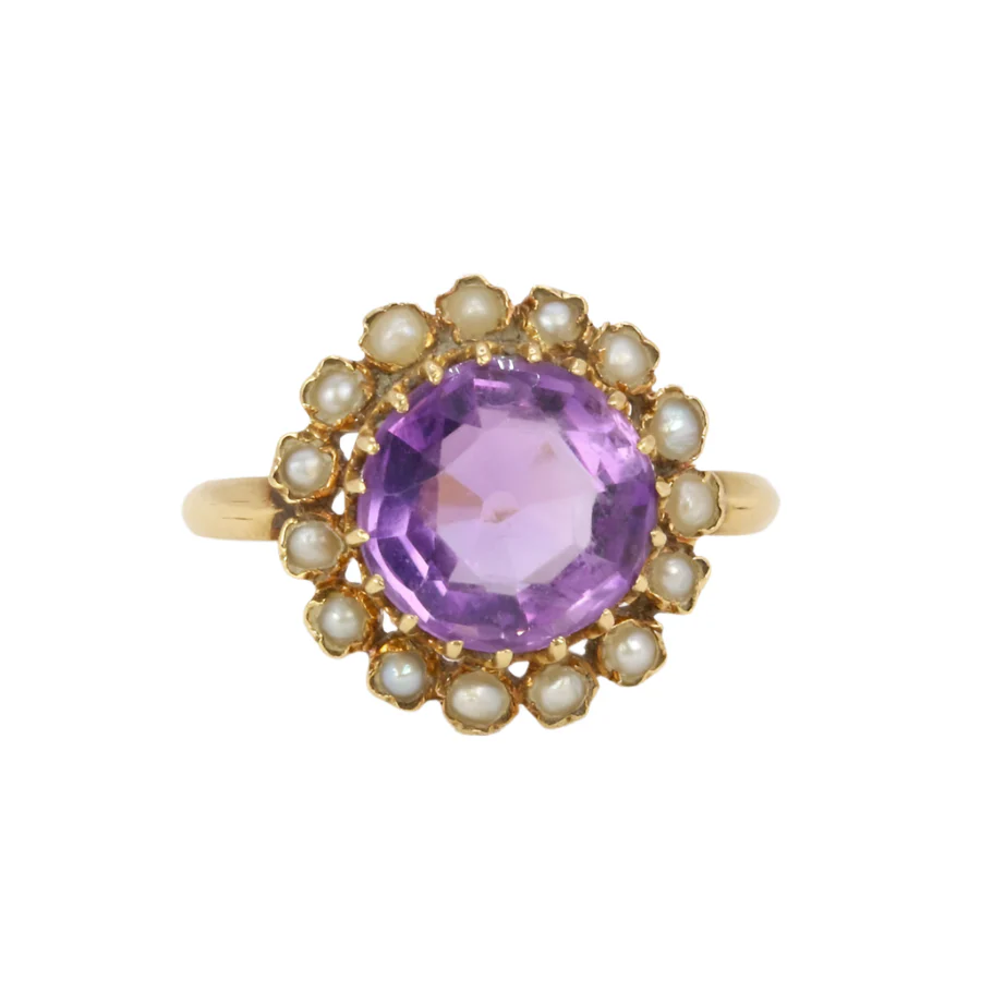Bague marguerite ancienne or jaune amethyste perles fines