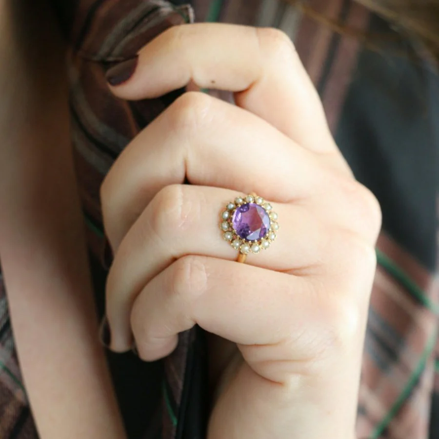 Bague marguerite ancienne or jaune amethyste perles fines - Image 2