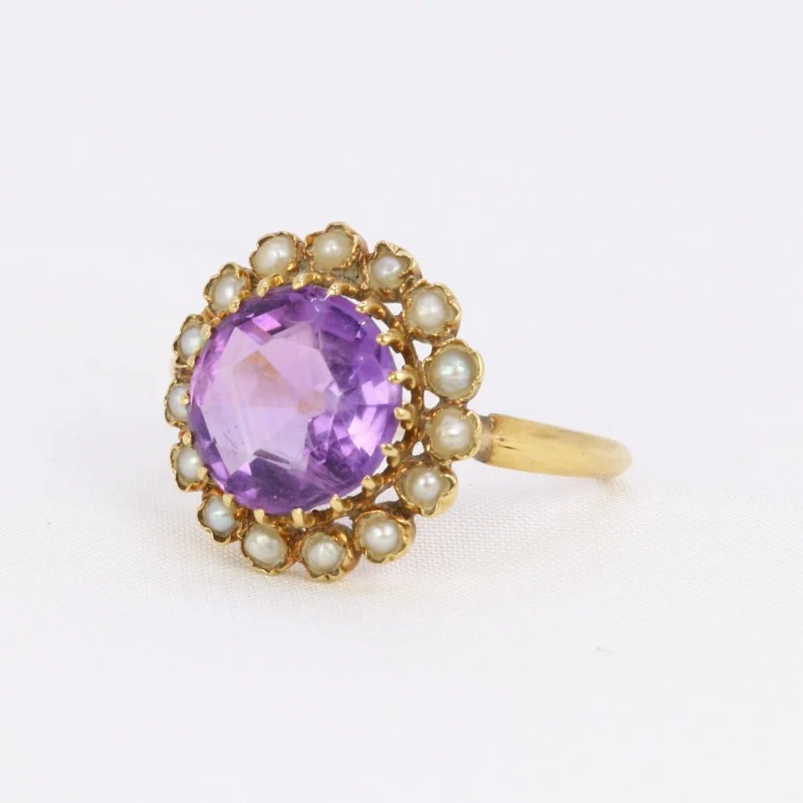 Bague marguerite ancienne or jaune amethyste perles fines - Image 3