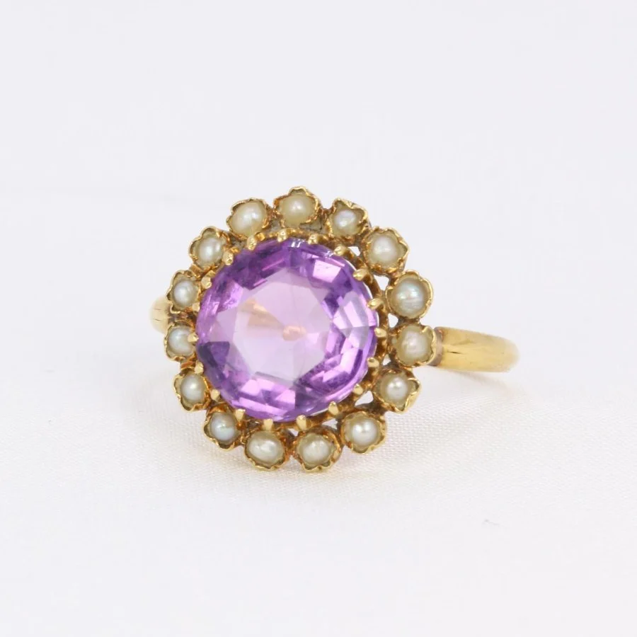 Bague marguerite ancienne or jaune amethyste perles fines - Image 4