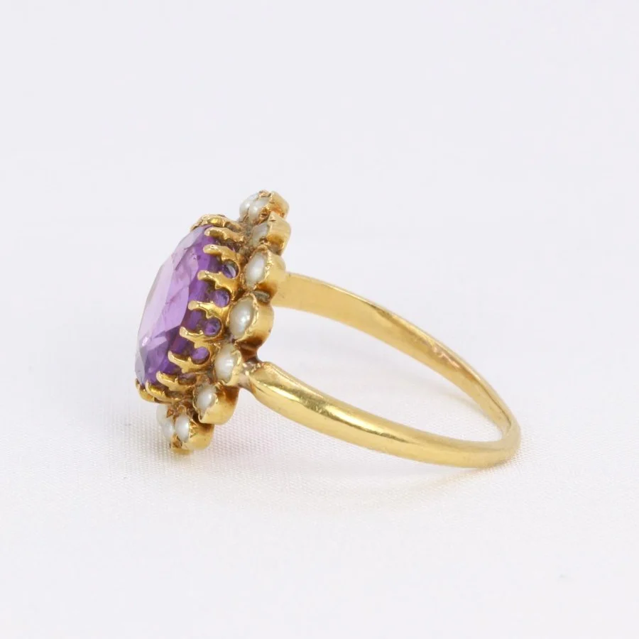 Bague marguerite ancienne or jaune amethyste perles fines - Image 5