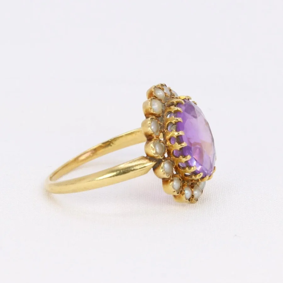 Bague marguerite ancienne or jaune amethyste perles fines - Image 7