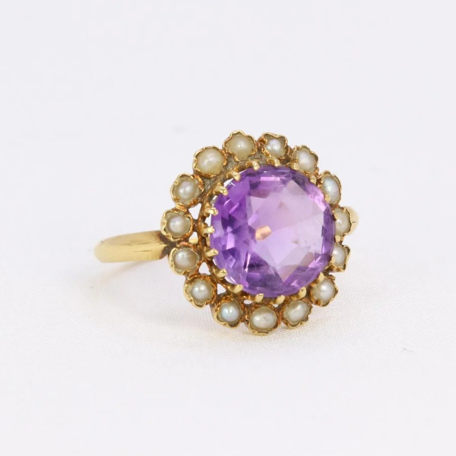 Bague marguerite ancienne or jaune amethyste perles fines - Image 8