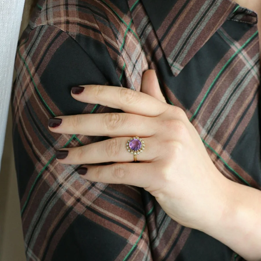 Bague marguerite ancienne or jaune amethyste perles fines - Image 9